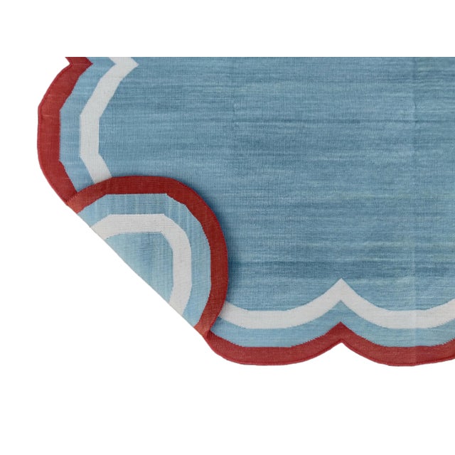 Casa Cosima Handmade Cotton Area Rug Natural Vegetable Dyed Flat Weave Sky Blue Scalloped Rug Terracotta Border - 9'x12' For Sale - Image 4 of 11
