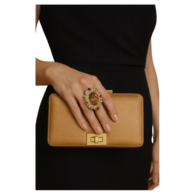 Bochic "Orient" Natural Vintage Cognac Citrine, Peridot & Rhodolite Ring Set In 18K Gold & Silver Natural Center Citrine...