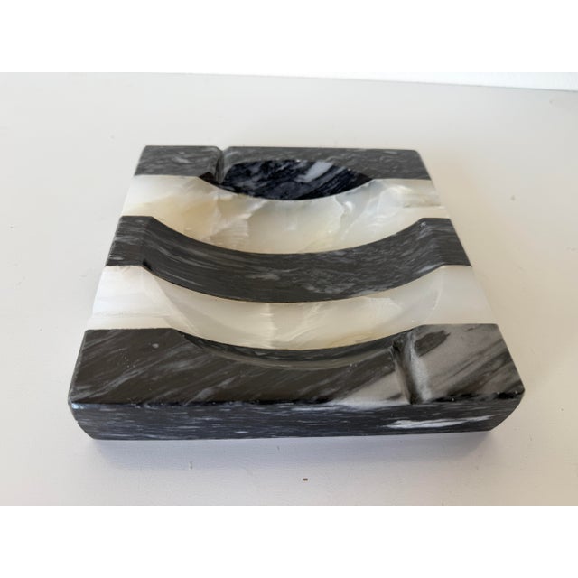 Postmodern Vintage Postmodern Black & White Striped Marble Ashtray For Sale - Image 3 of 12