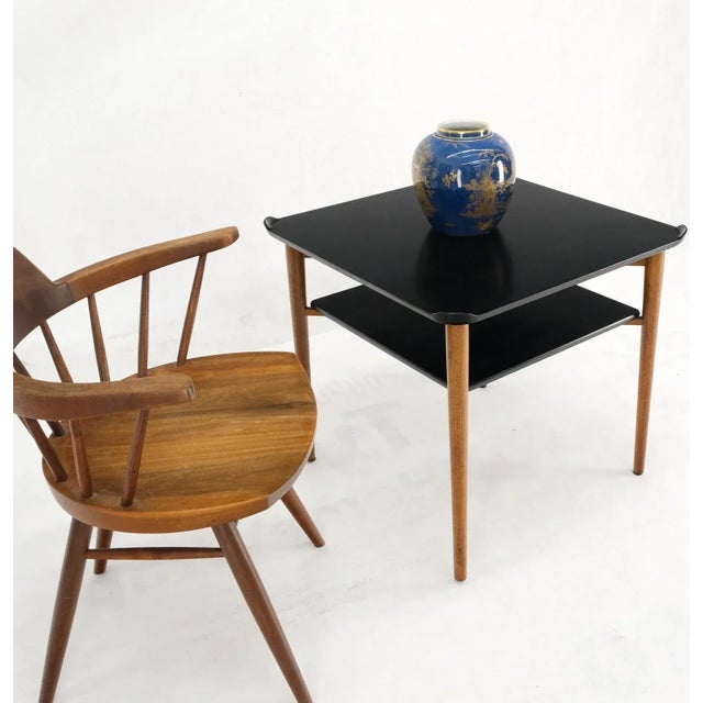 Baker Furniture Company Two Tier Black Lacquer & Walnut Square End Side Center Table Stand Juhl Baker For Sale - Image 4 of 13