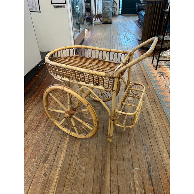 Midcentury Modern Rattan Bamboo & Wicker Bar Cart For Sale - Image 15 of 17