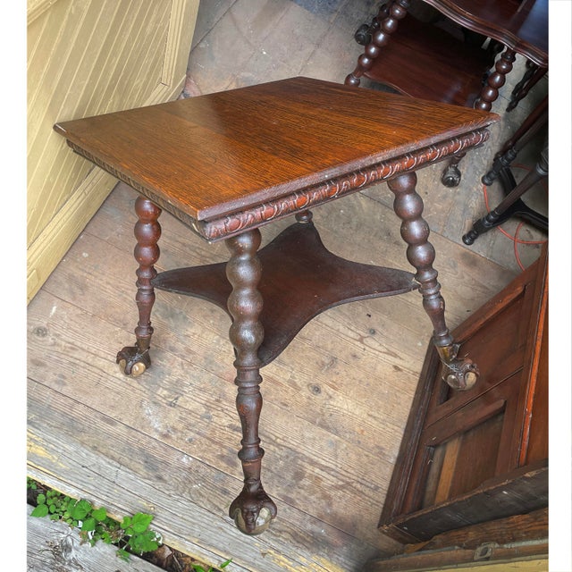 Brown Late 19th Century Arts and Crafts Era Oak Side Table With Huge Metal and Glass Ball-and-Claw Feet For Sale - Image 8 of 10