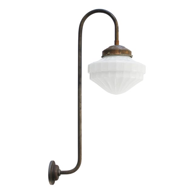 Mid-20th Century Cast Iron Wall Light with White Opaline Glass Shade For Sale