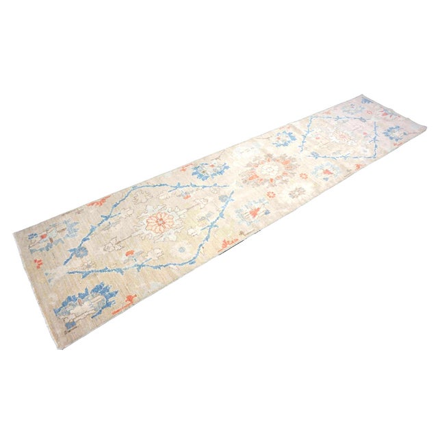 Beige 21st Century Turkish Oushak Wool 3x12 Beige & Blue Handmade Runner Rug #1144198 For Sale - Image 8 of 12