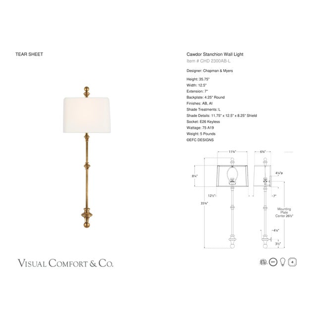 Transitional Chapman & Myers for Visual Comfort Signature Cawdor Stanchion Wall Light in Antique-Burnished Brass with Linen Shade For Sale - Image 3 of 4