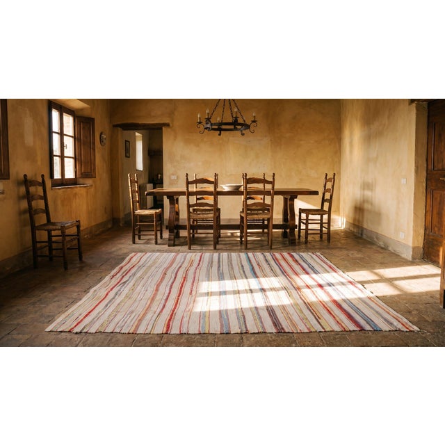 Textile 1930s Multicolor Stripe Folk Art Antique American Rag Rug 5'5" X 5'5" Flatweave Cotton Carpet For Sale - Image 7 of 9