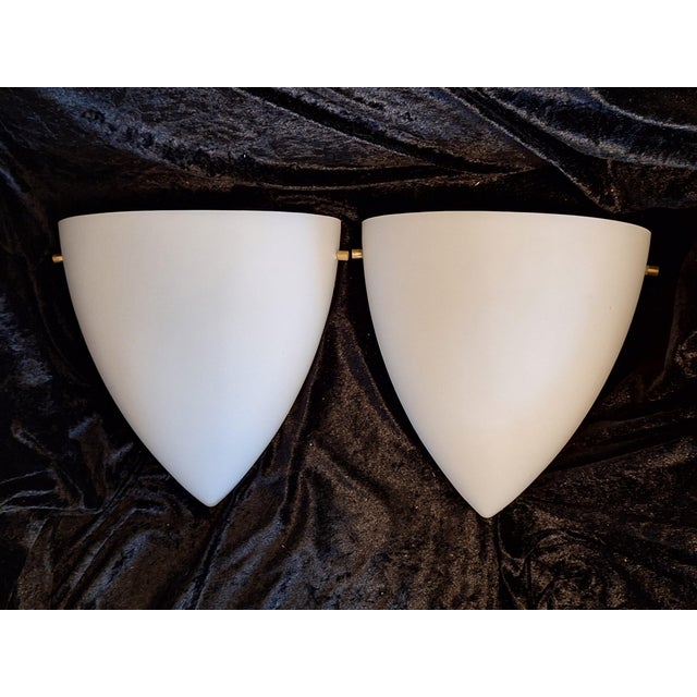 Vintage Minimalist Ceiling Lamps with Opaque White Glass Shades on Brass Brackets, 2000s, Set of 2 For Sale - Image 6 of 7