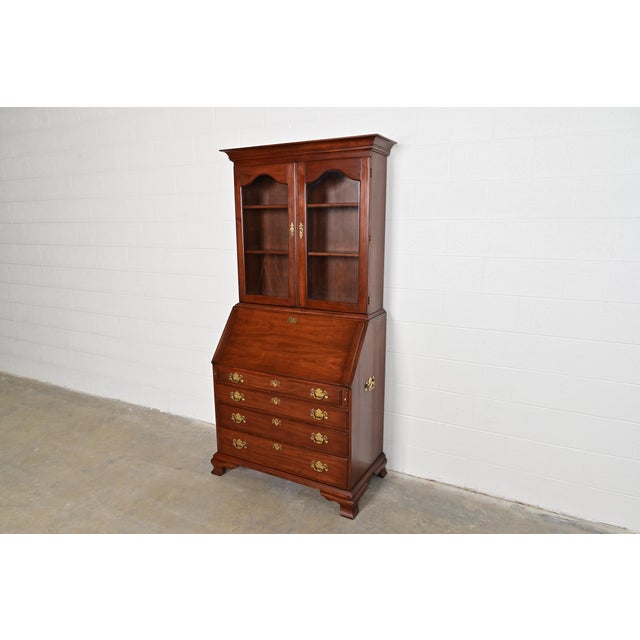 Henkel Harris Georgian Solid Cherry Wood Drop Front Secretary Desk With Bookcase Hutch, 1970s For Sale - Image 12 of 12