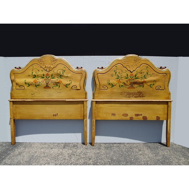 Gold Pair Vintage French Provincial Hand Painted Gold Floral Twin Headboards W Rails For Sale - Image 8 of 17