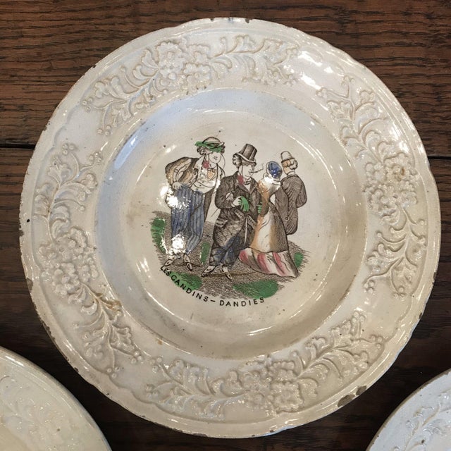 French Set of Three French Early 1800s Century Plates: Flowers, Boatmen, Dandies and Schoolmaster For Sale - Image 3 of 9