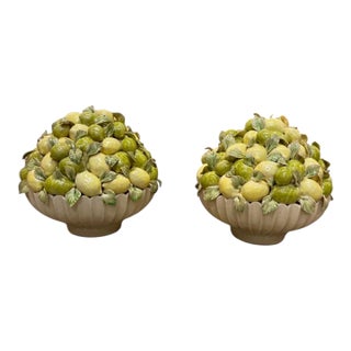 Pair of Vintage Italian Majolica Ceramic Lemon Pyramids in Scalloped Footed Bowls For Sale