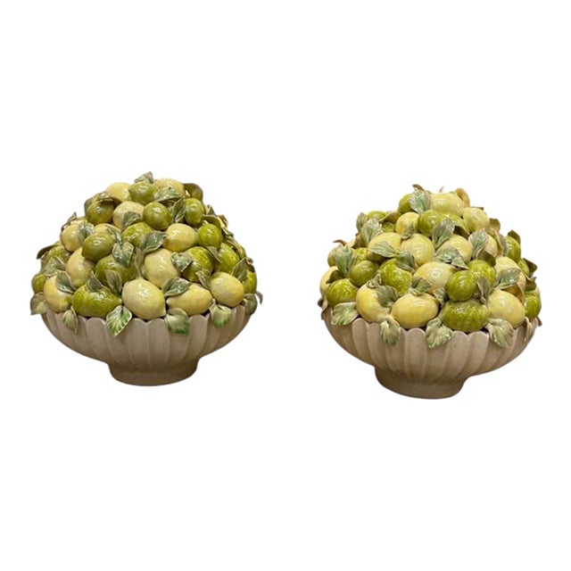 Pair of Vintage Italian Majolica Ceramic Lemon Pyramids in Scalloped Footed Bowls For Sale