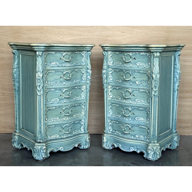 Baroque 1950s Pair of Solid Wood Carved Turquoise Nightstands With Five Drawers, Signed For Sale - Image 3 of 13