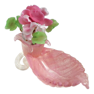 Murano Barovier Toso Pink Gold Flecks Vintage Italian Art Glass Leaf Bowl Vide-Poche With Mini Flower Pot Vase