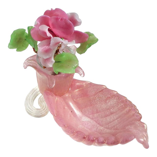 Vintage Murano Barovier Toso Pink Gold Flecks Italian Art Glass Leaf Bowl Vide-Poche With Mini Flower Pot Vase For Sale