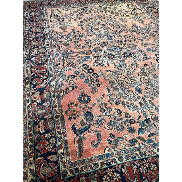 Antique Botanical Sarouk GEM Salmon, Coral, Pink & Peacock Blue Rug 10.3 x 13.4 For Sale - Image 9 of 14