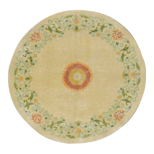 Vintage Chinese Art Deco Hand Knotted Wool Rug, Round For Sale