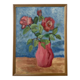 Midcentury Folk Art Still Life With Roses in Vase For Sale
