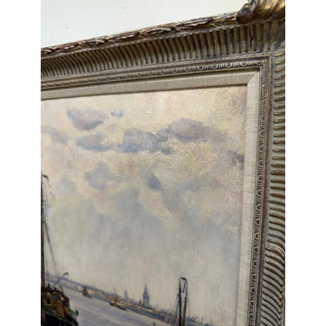 An original landscape painting by the Dutch artist Edward de Looz-Block. It depicts Leeboard barges on a broad river,...