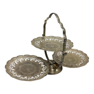 Vintage 1950s English Pierced Silver-Plated 3-Tier Folding Dessert Stand For Sale
