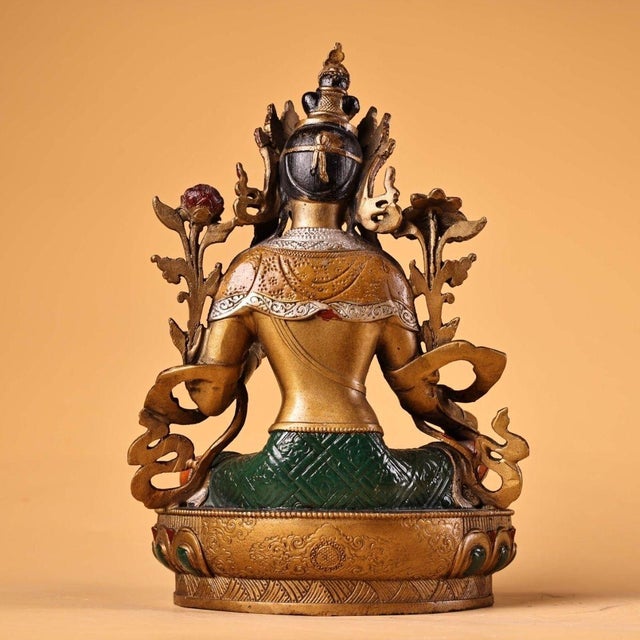 Asian Late 19th Century Gilt Bronze Green Tara Statue, Tibetan Buddhist Figure, 900g For Sale - Image 3 of 9