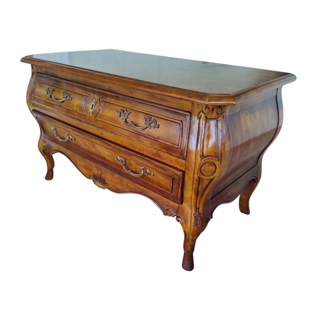 French Provincial Vintage Drexel Heritage French Provincial Fruitwood Bombe Bombe Low Commode Nightstand Chest For Sale - Image 3 of 13