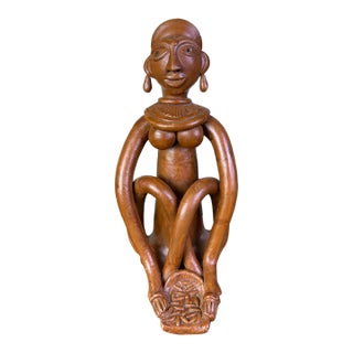 Vintage Indian Terracotta Seated Woman Folk Art Sculpture, 10" For Sale