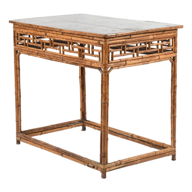 19th Century Bamboo and Rattan Side Table With Greek Key Apron and Fretwork For Sale