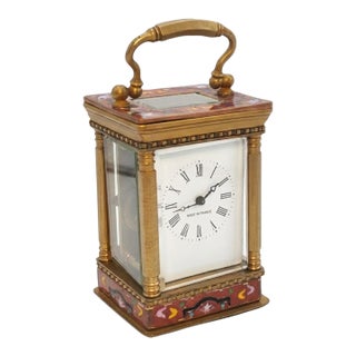Miniature French Carriage Clock With Champleve (Cloisonné Enamel) Enamel Antique Brass Clock Made in France For Sale