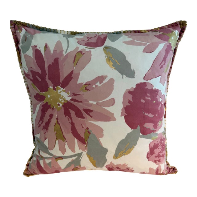 20” Custom Goose Down Floral Accent Pillow in Pink, Blush & Gold With Decorative Gold Whipstitch Trim For Sale