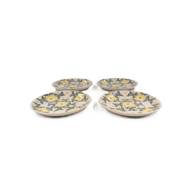 Set of 4 Bat Trang Vietnamese Ceramic Dessert/Salad Plates With Yellow and Blue Hand Painted Floral Motifs For Sale In New York - Image 6 of 8