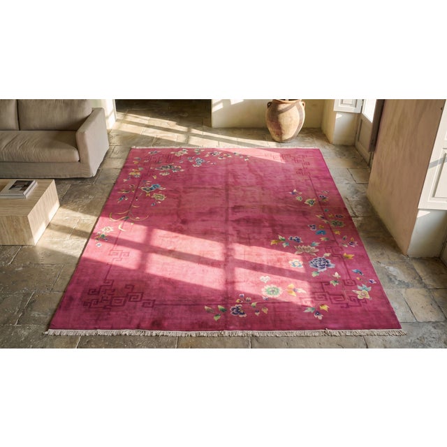 Bright Pink 1920s Bright Pink Floral Modern Antique Chinese Deco Rug 8' 10" X 11' 6" Knotted Wool Carpet For Sale - Image 8 of 9