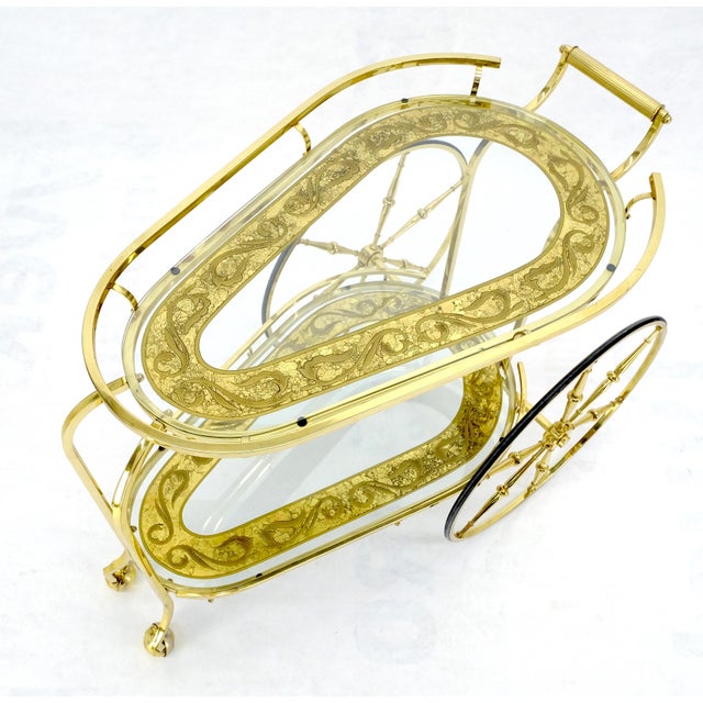 Metal Brass Etched Glass Mid Century Modern Serving Bar Cart Wagon Style Wheels MINT For Sale - Image 7 of 14