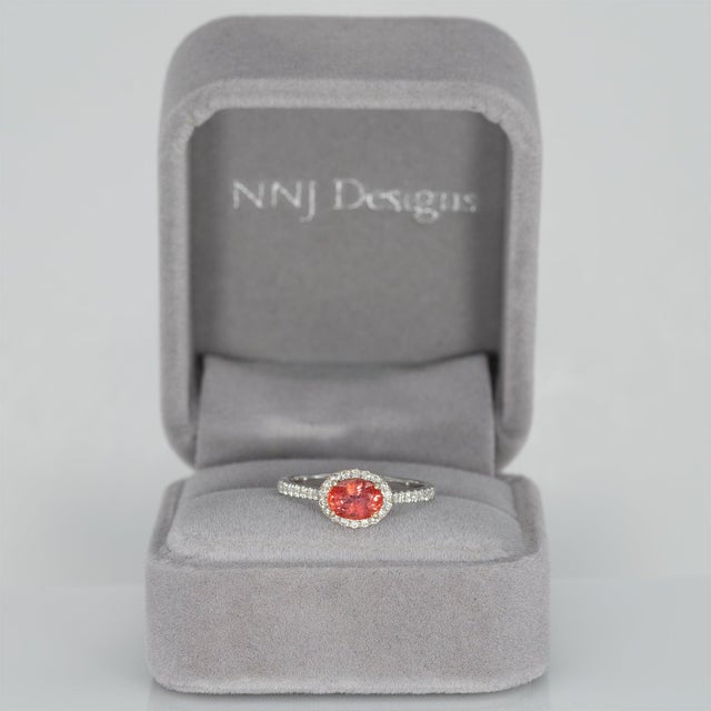 Modern Padparadscha Sapphire Ring With Diamond Halo: Solid 14k Gold, Size 6.75 For Sale - Image 3 of 10