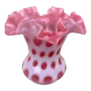 1950s Vintage Ruffled Fenton Cranberry Coin Dot Vase