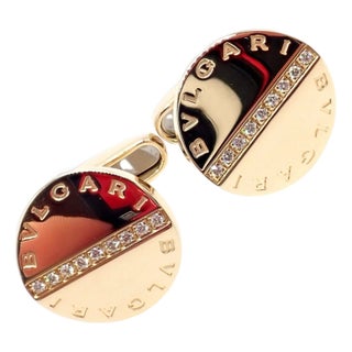 Bulgari Yellow Gold Diamond Classic Round Cufflinks, A Pair For Sale