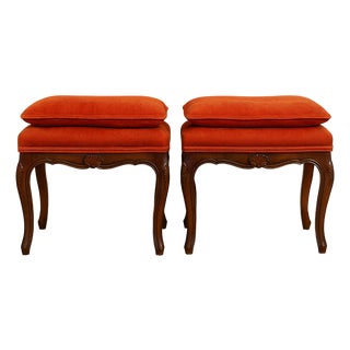Mid 20th Century Pair of Kindel French Provincial Carved Footstools With Burnt Orange Upholstery For Sale