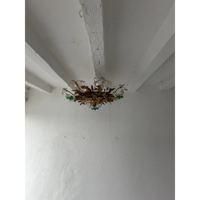 Mid-Century Modern Flush Mount Maison Baguès Crystal Green Flowers Leaves Chandelier 9 Lights For Sale - Image 3 of 11