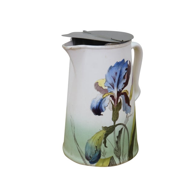 Rustic Antique Villeroy & Boch Porcelain Mettlach Metal Lidded Iris Flower Pitcher Jug 7" For Sale - Image 3 of 15