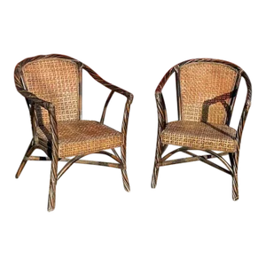 1970s Vintage Barley Twist Ebonized Rattan and Wicker Seat and Back Armchairs - Set of 2