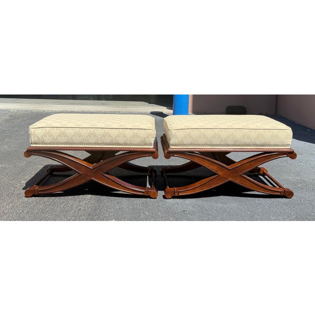 Late 20th Century Vintage X-Form Upholstered Ottomans With Nailhead Trim, Pair For Sale - Image 5 of 14