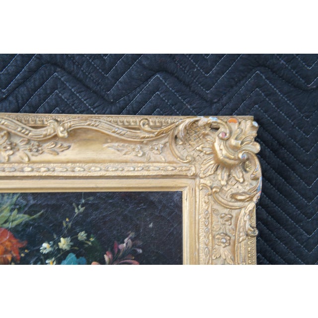 Black Vintage Flemish Style Floral Still Life After Pieter Bruegel Signed Oil Painting For Sale - Image 8 of 16