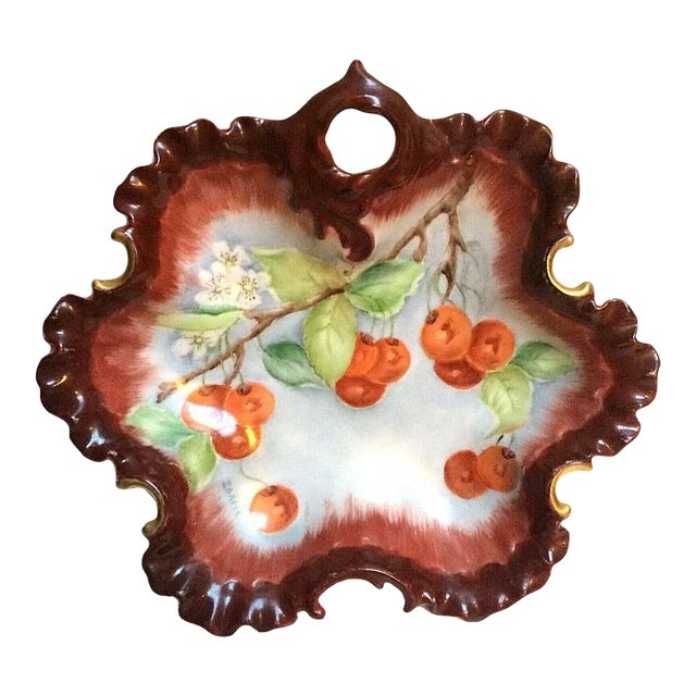 Signed Antique Hand Painted Cherries Cabinet Bowl For Sale