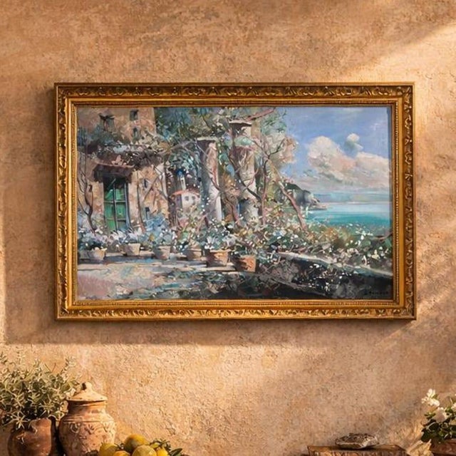 A large-scale vintage Italian coastal oil painting signed J. Pasquale, executed on canvas and presented in an ornate gold...