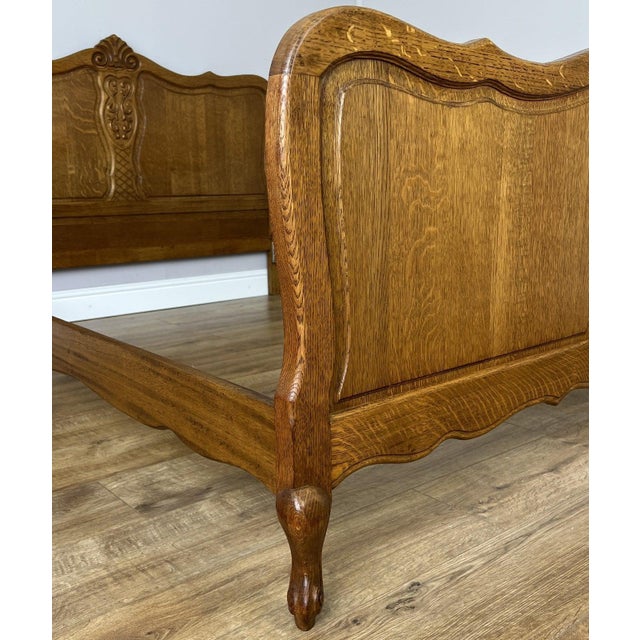 Vintage French Louis XVI Oak Double Bed Frame with Carved Headboard For Sale - Image 11 of 13