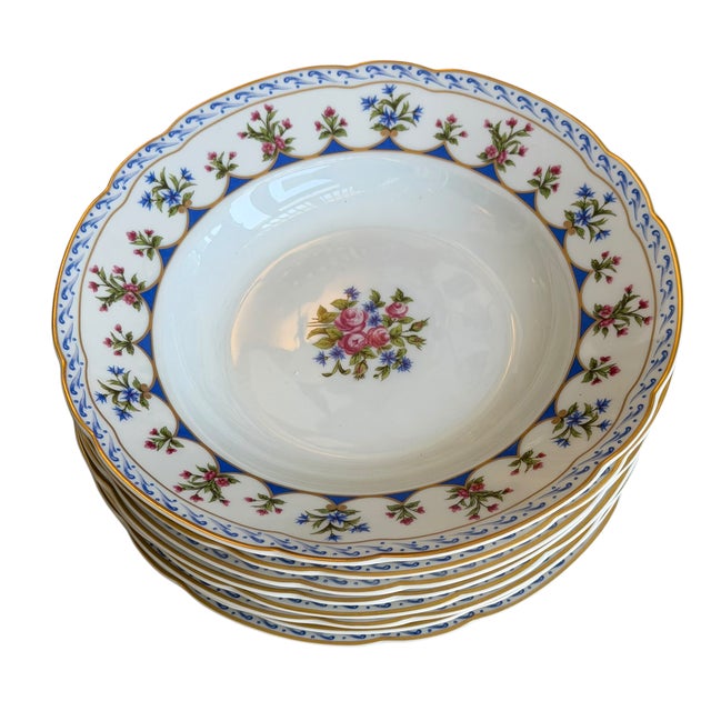Limoges, France Set of 8 Bernardaud Chateaubriand Blue Limoges Porcelain Wide Rim Shallow Soup Bowls For Sale - Image 4 of 5
