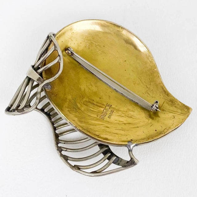 Metal Fabrice Paris Floral Carved Brass and Chrome Brooch For Sale - Image 7 of 9