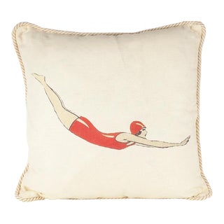 Diver in Red Linen Pillow For Sale