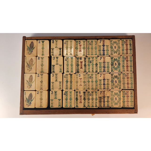 1920s Stunning Antique Mahjong Set 1920s Made of Bone and Bamboo in AmazingCarved Box For Sale - Image 5 of 15