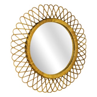 Italian Rush & Rattan Wall Mirror, 1960s For Sale